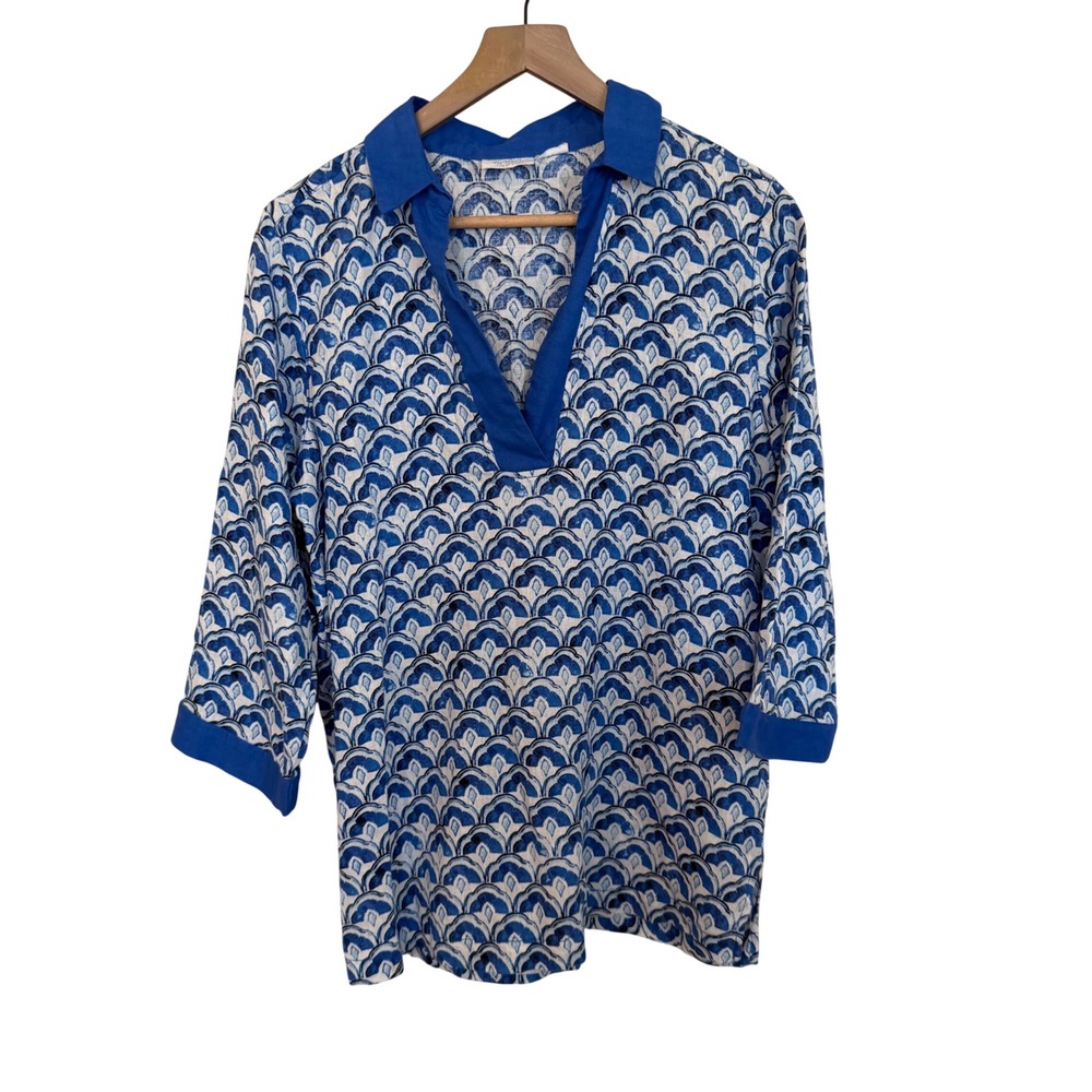 Sigrid Olsen Linen Tunic Top Blue White Fan Print 3/4 Sleeve V-Neck